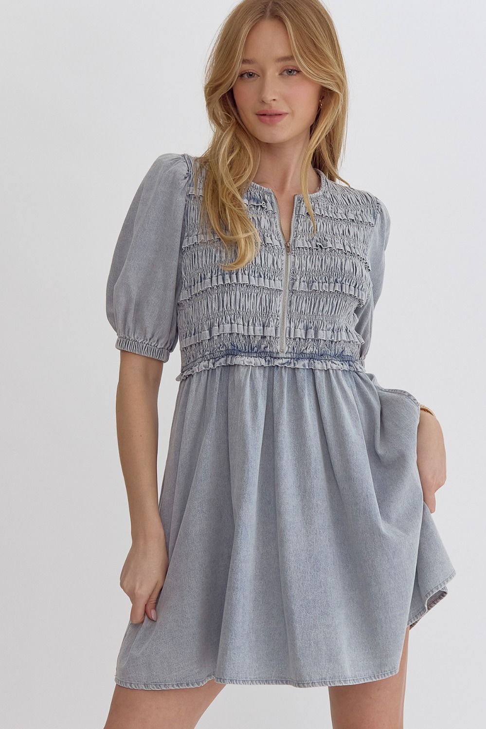 Adley Smocked Zipper Denim Dress