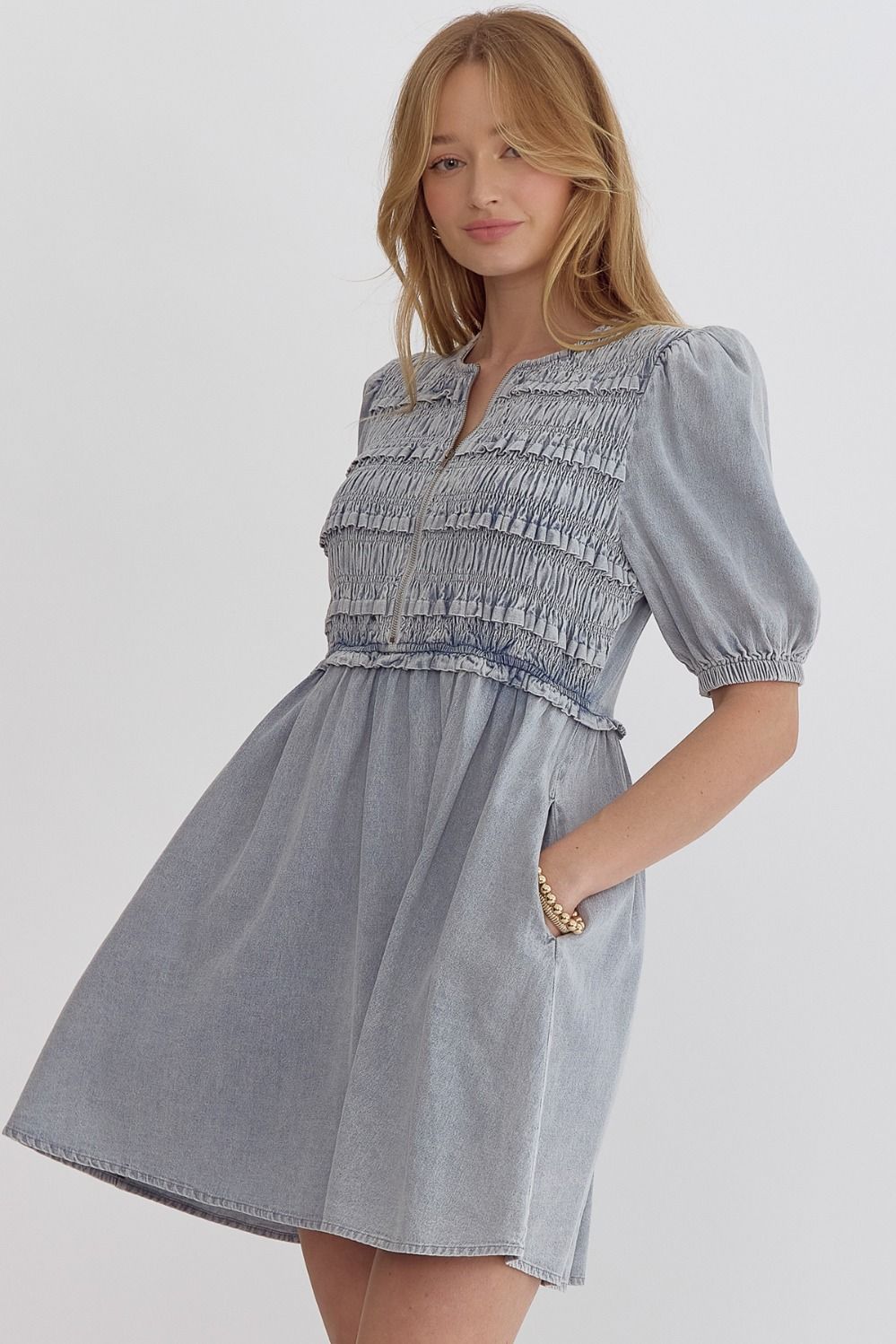 Adley Smocked Zipper Denim Dress