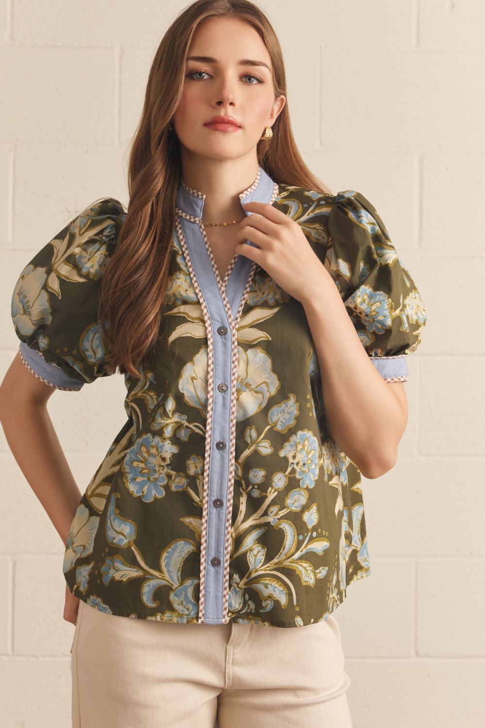 Alice Floral Contrast Trim Button Top
