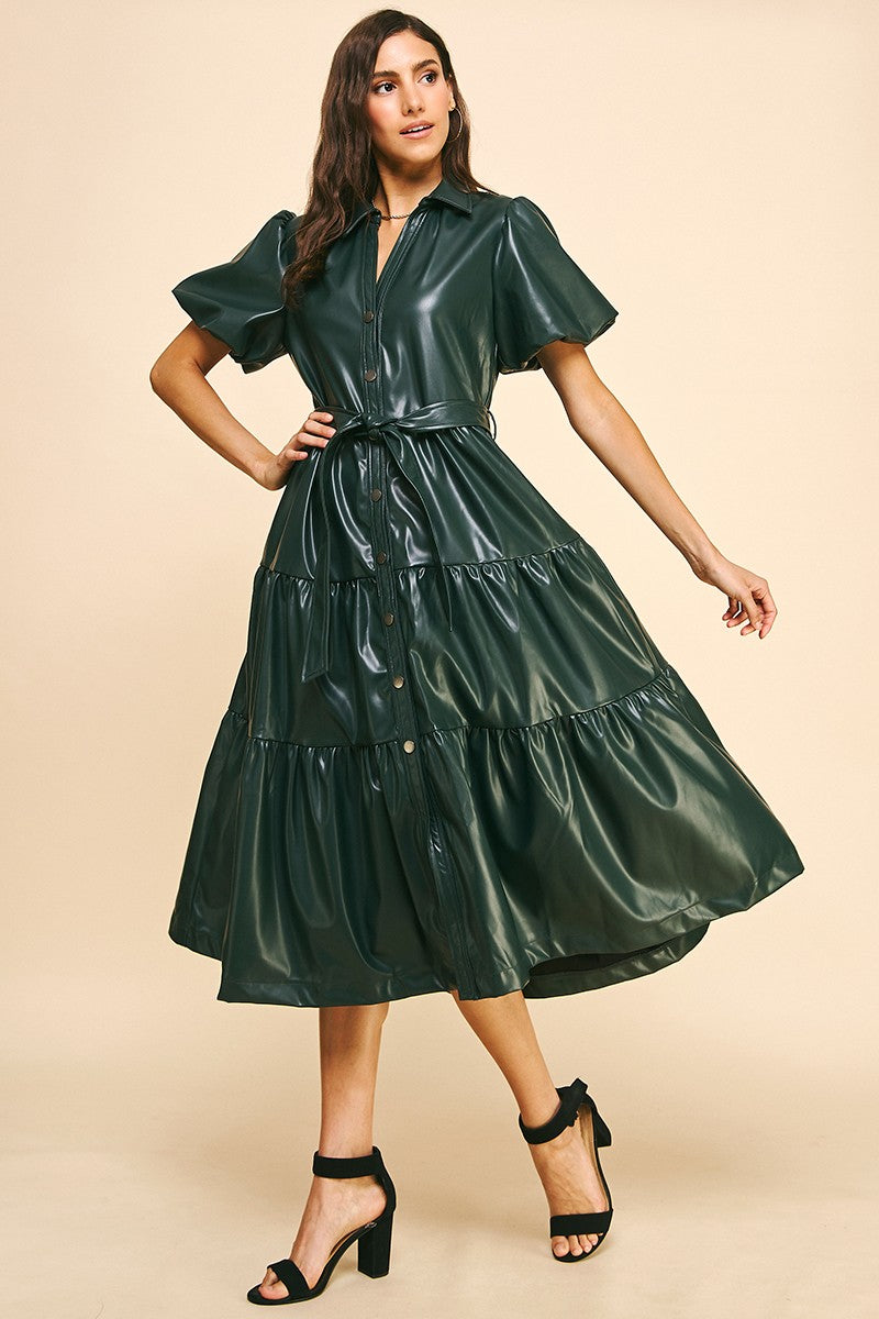 Andrea Leather Tiered Midi Dress