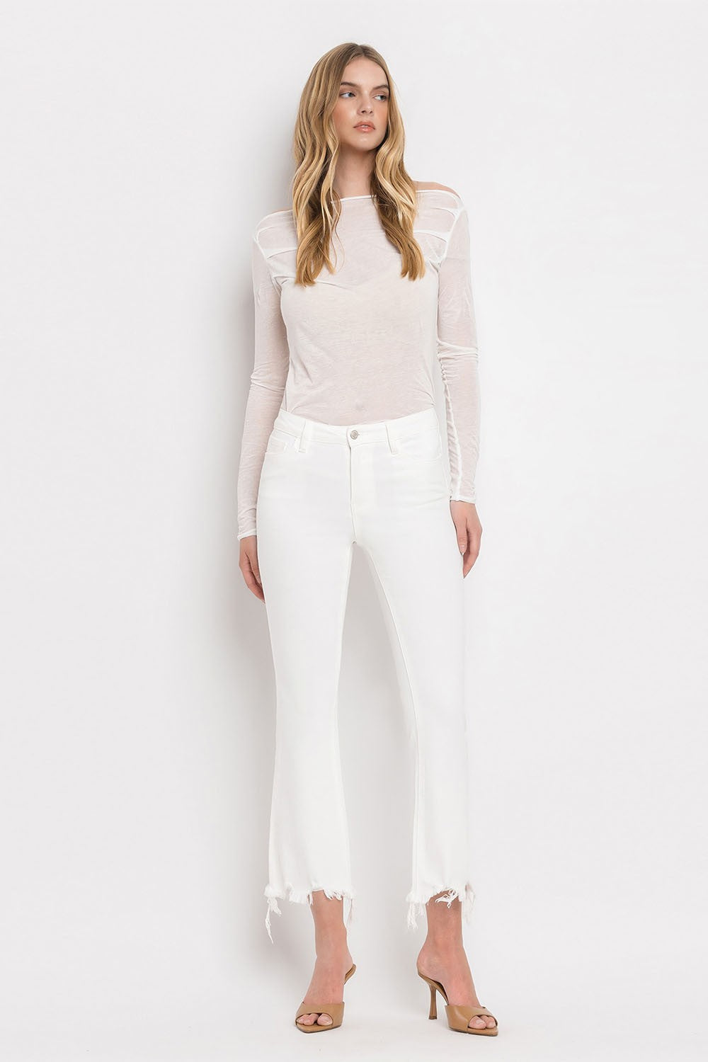 Bella Washed Frayed Crop Flare Jeans White