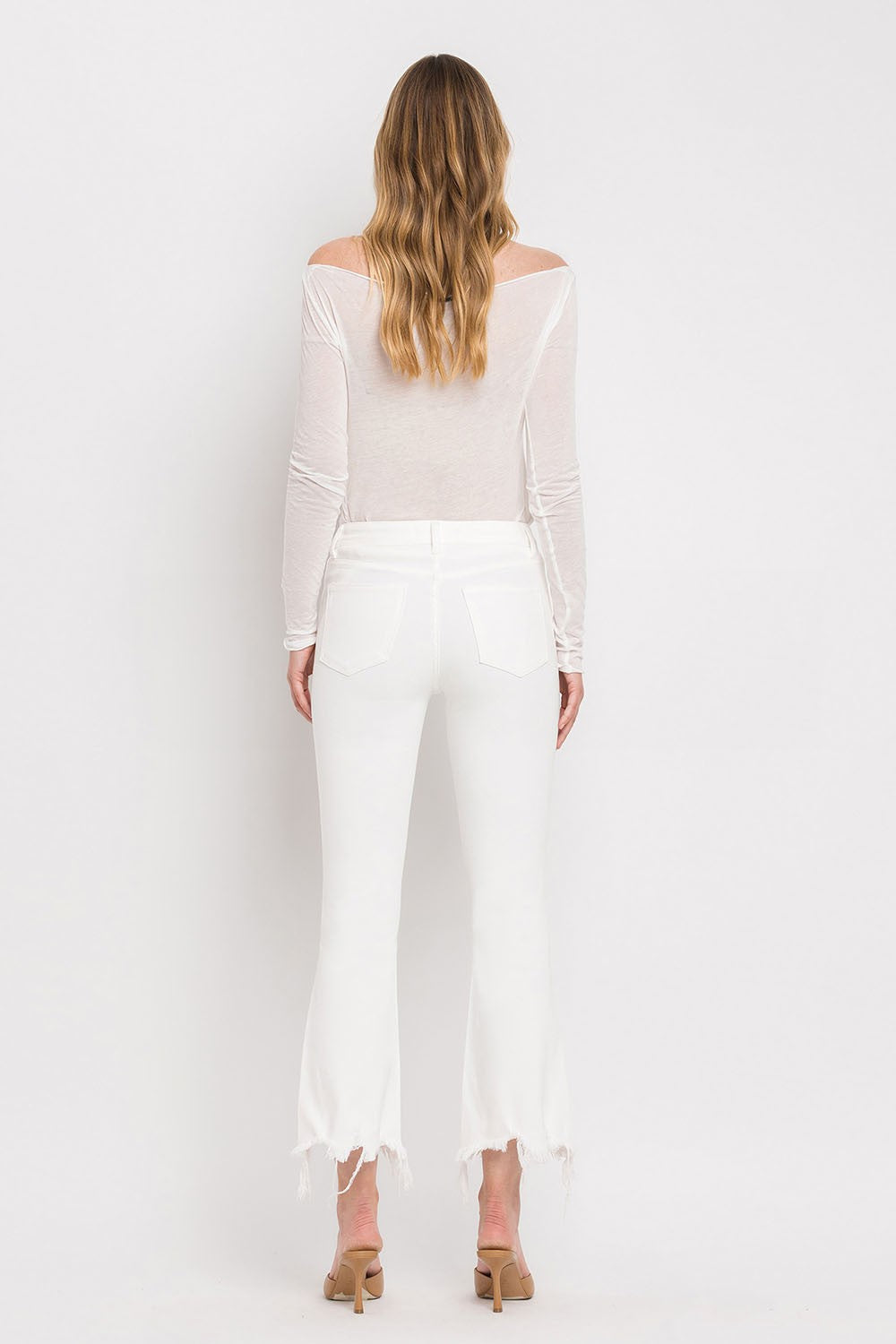 Bella Washed Frayed Crop Flare Jeans White