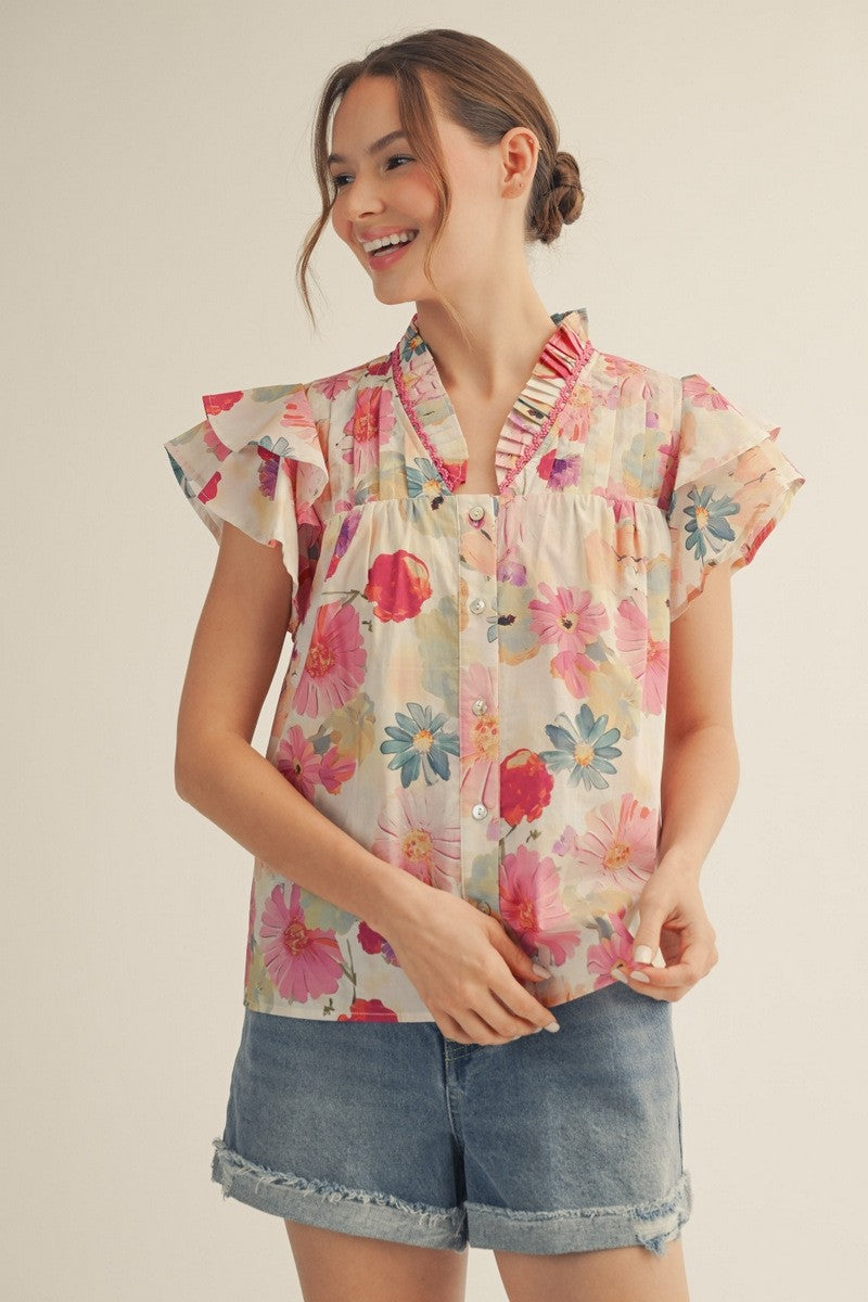 Camila Floral Pleated Button Top