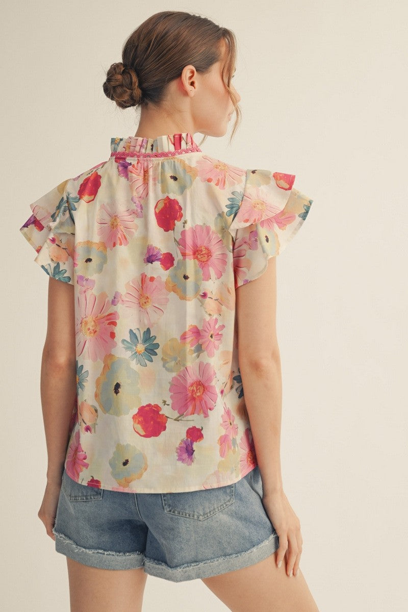 Camila Floral Pleated Button Top