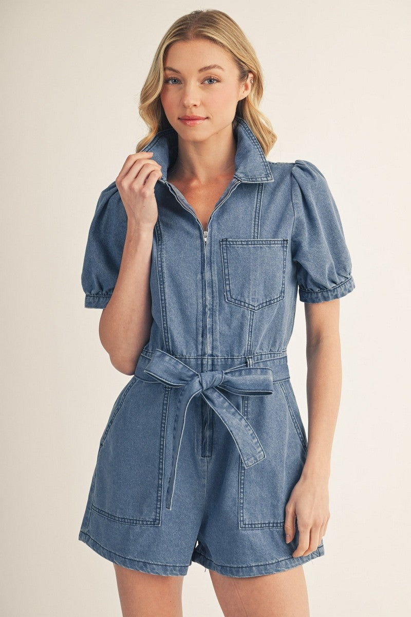 Camille Washed Denim Tie Romper