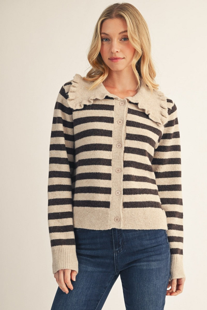 Delta Striped Ruffle Collar Cardigan