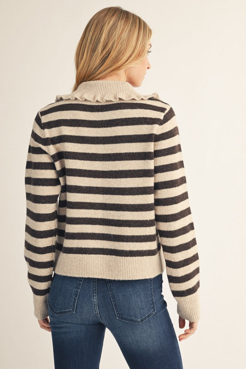 Delta Striped Ruffle Collar Cardigan