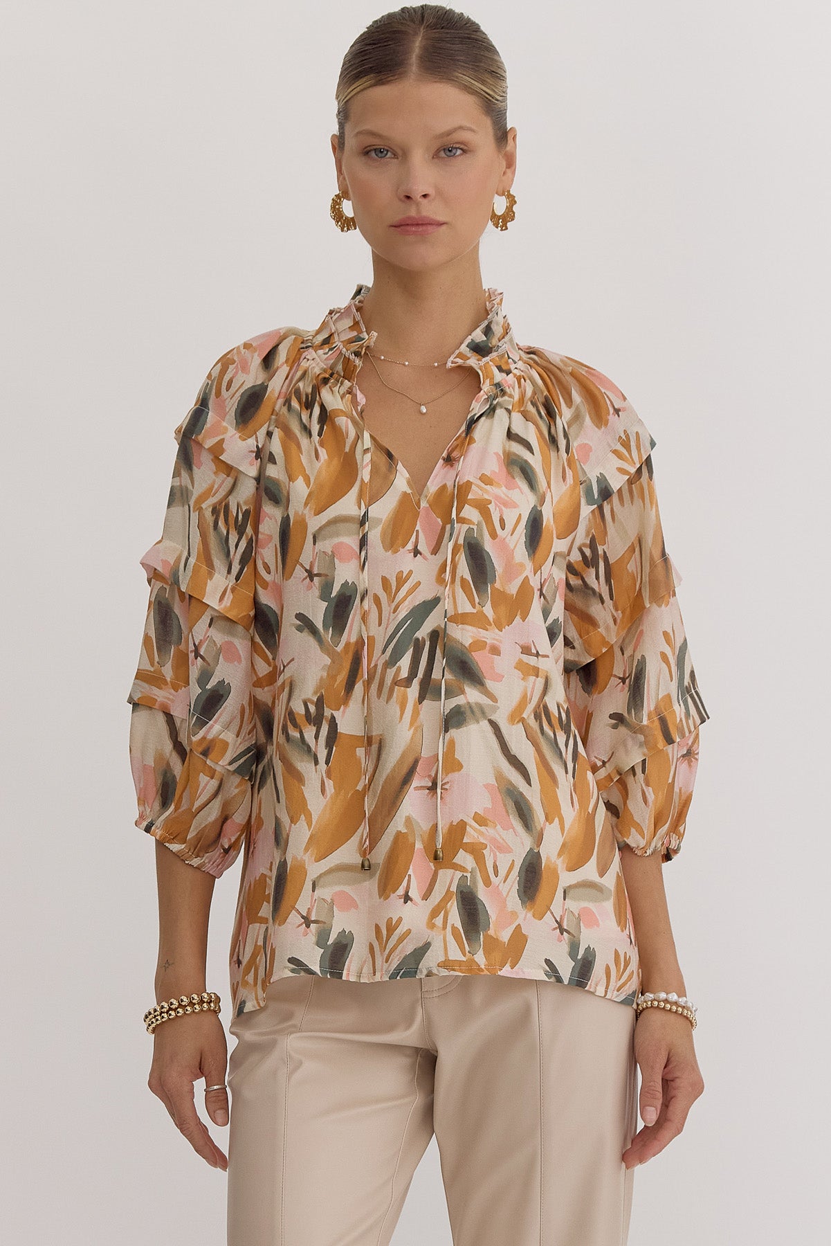 Natalia Printed Pleated-Neck Top