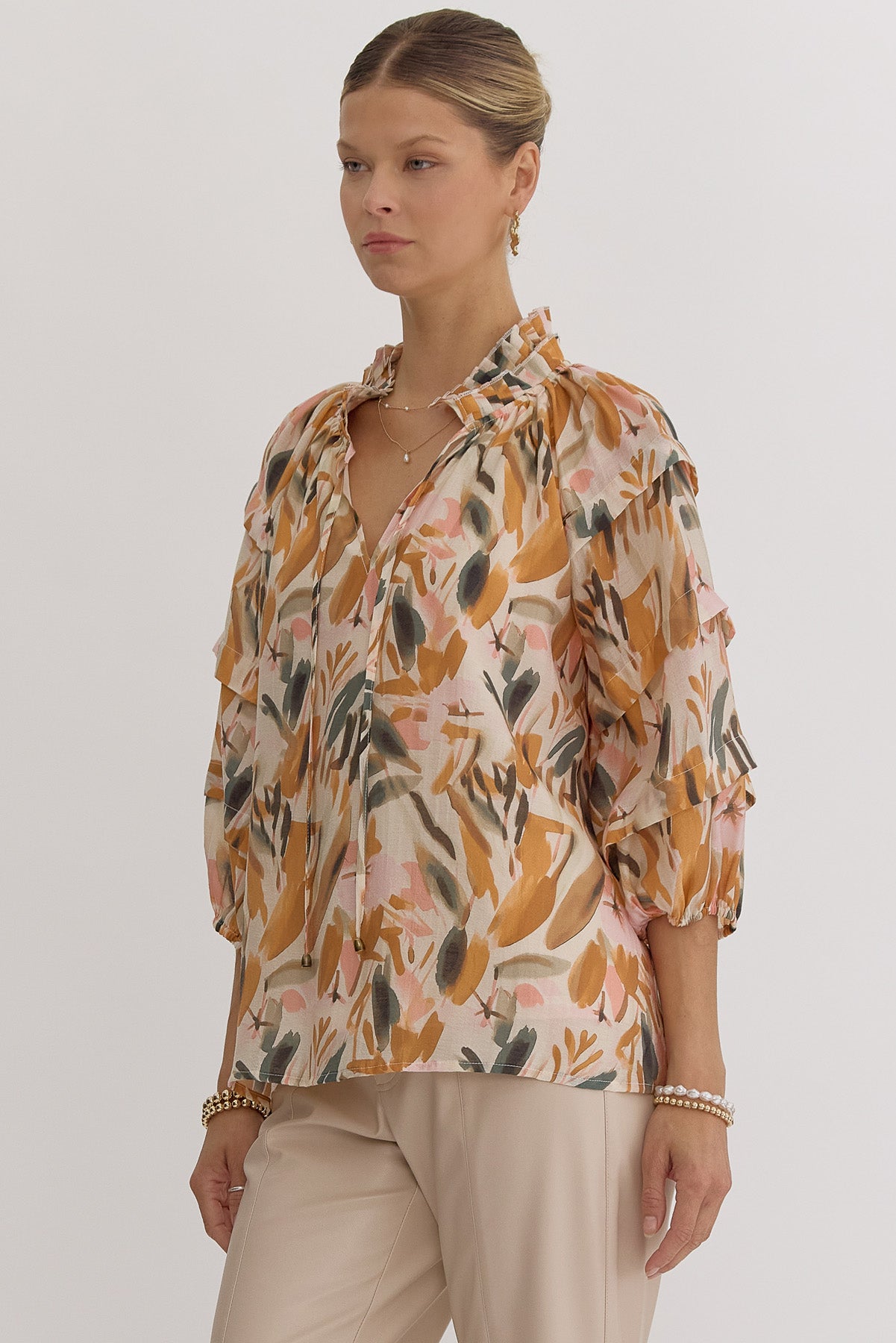 Natalia Printed Pleated-Neck Top