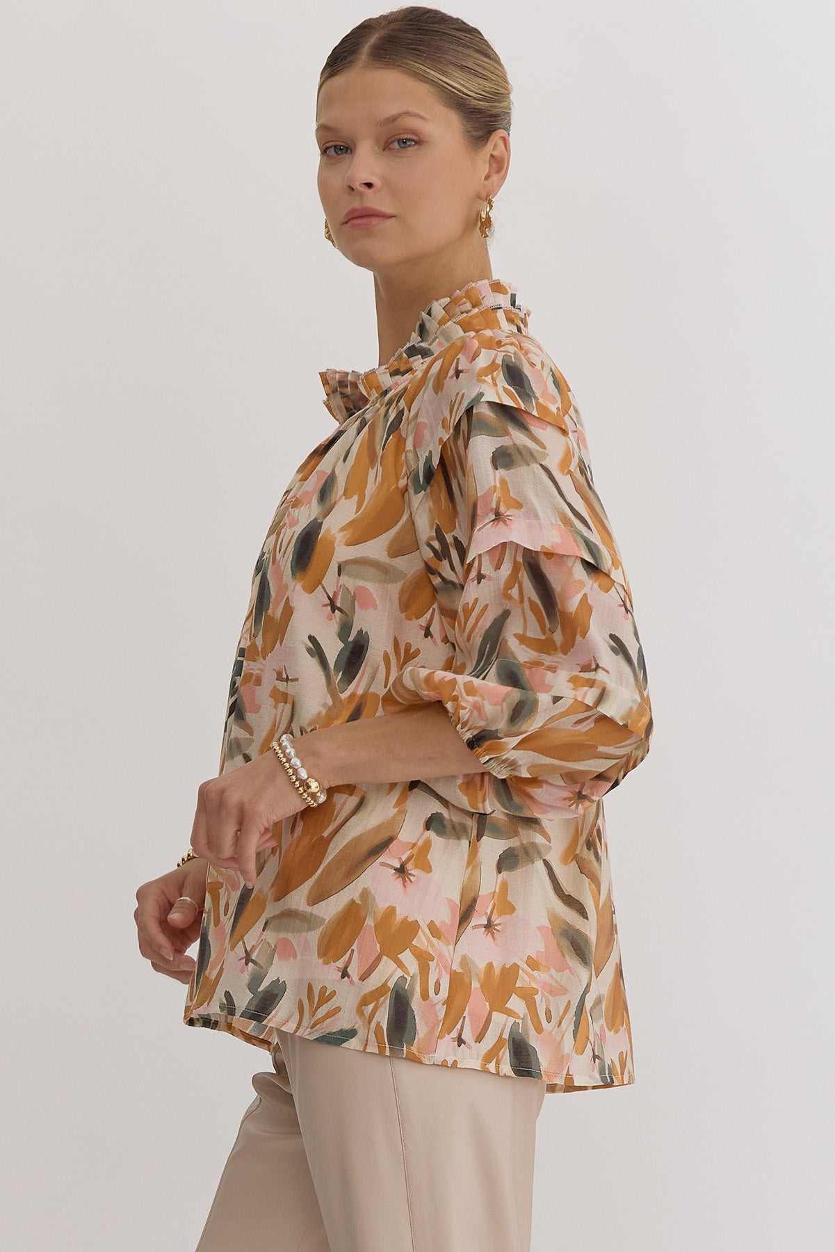 Natalia Printed Pleated-Neck Top