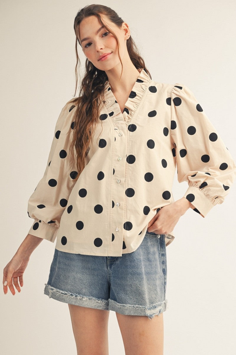 Eileen Polka Dot Button Ruffle Top