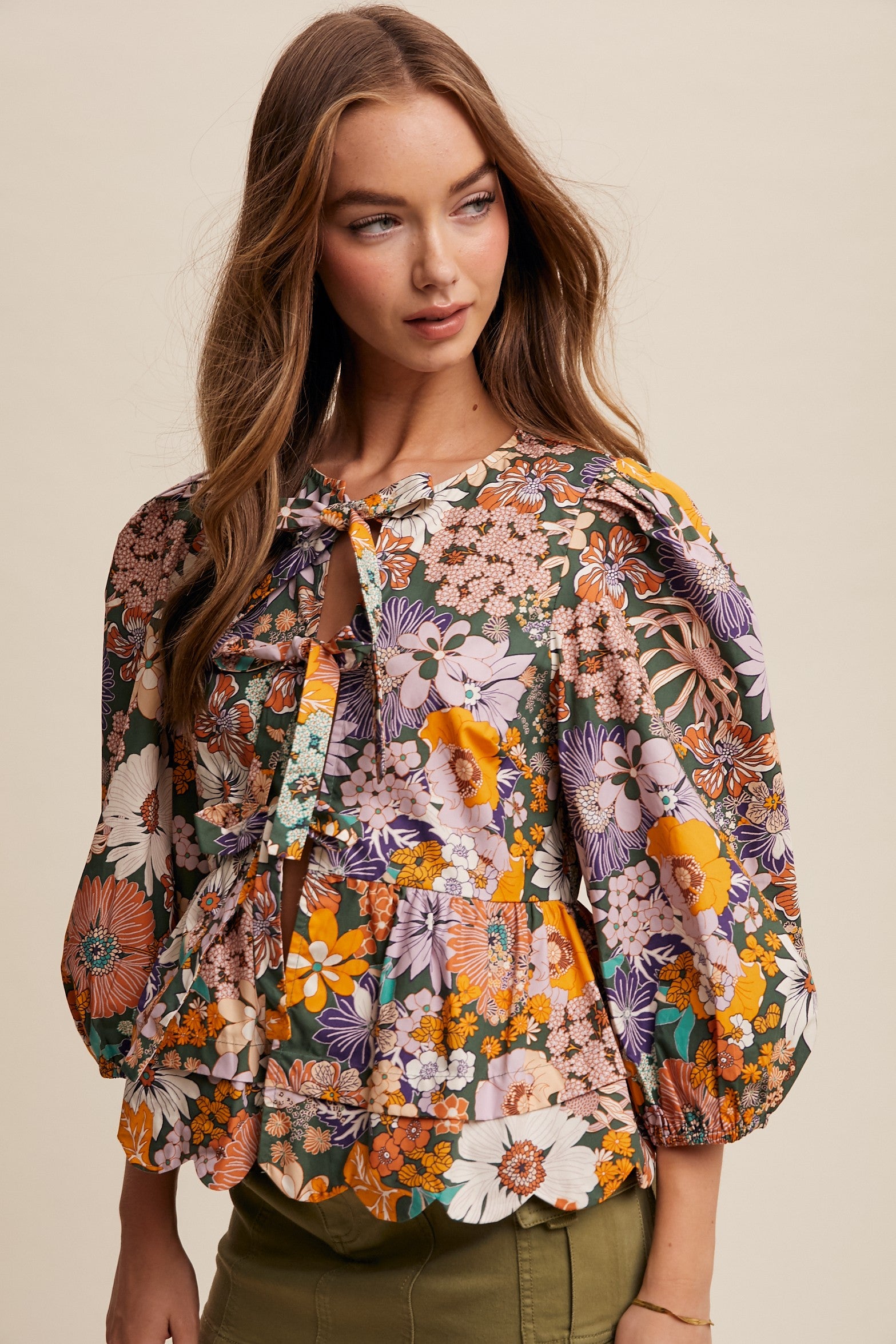 Eleanor Floral Tie Front Scallop Top