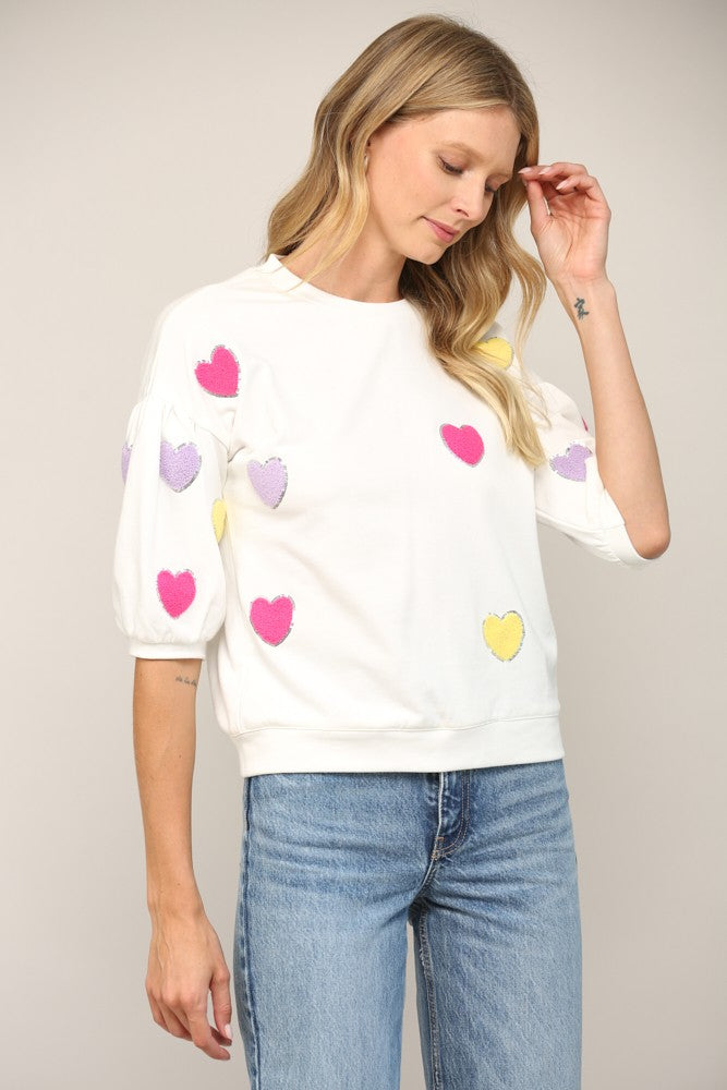 Embroidered Heart Puff Sleeve Top FINAL SALE