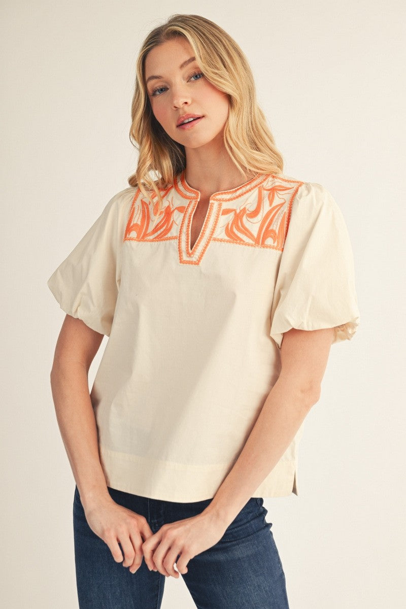 Esther Embroidered Bubble Sleeve Top