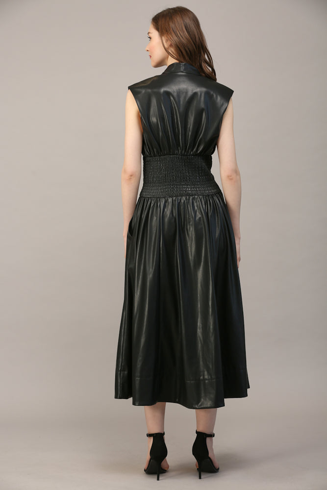 Greer Smocked Waist Zip Leather Dress