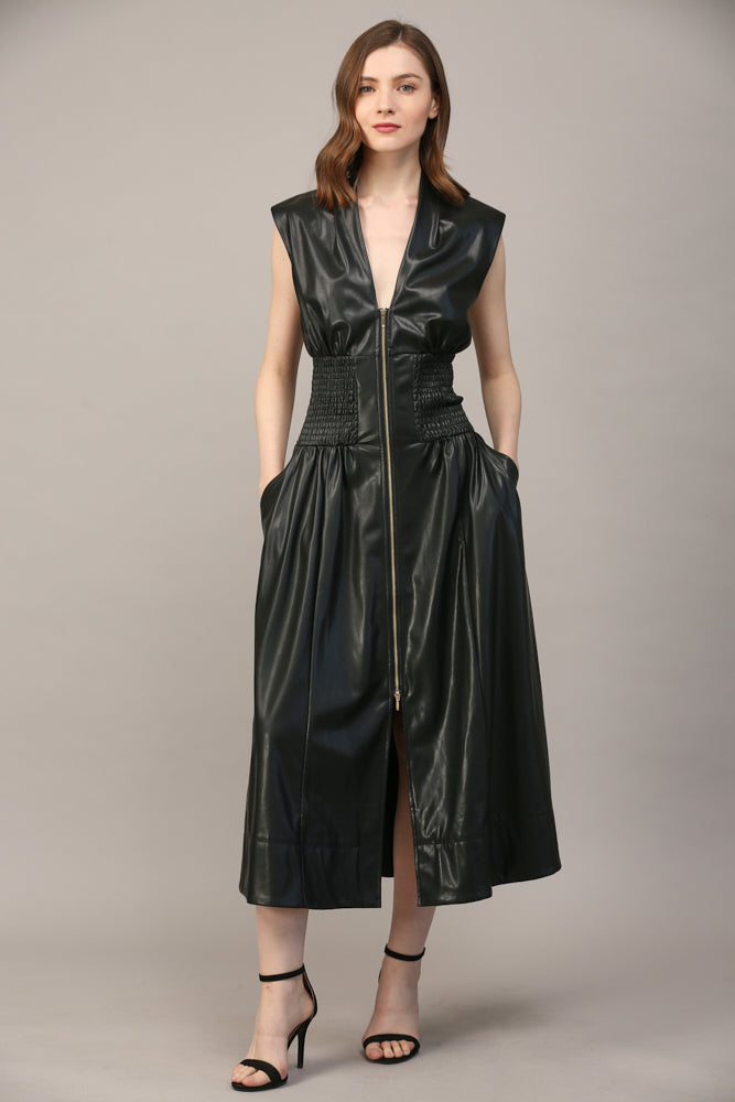 Greer Smocked Waist Zip Leather Dress