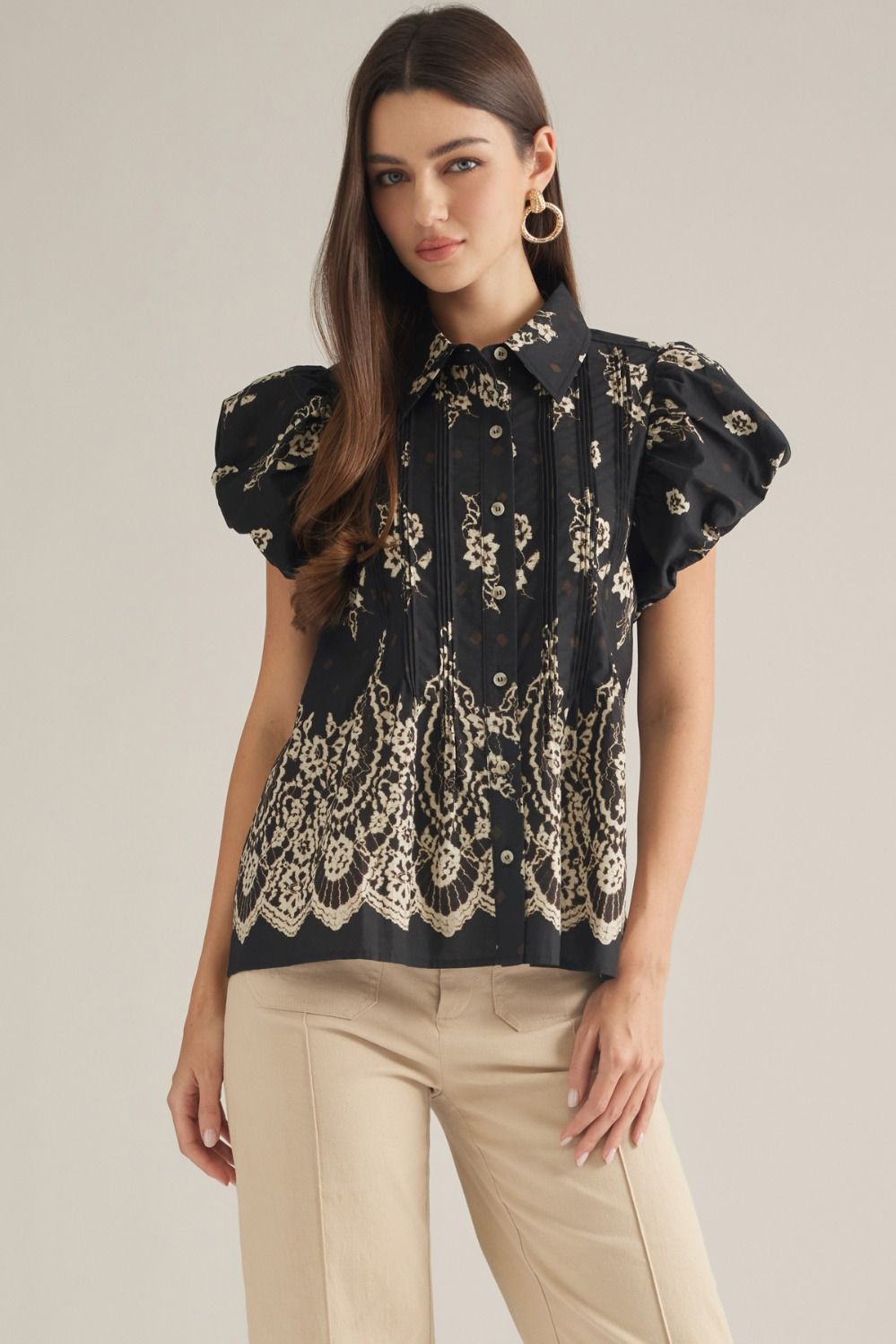 Fable Pintuck Puff Sleeve Collared Top