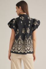 Fable Pintuck Puff Sleeve Collared Top