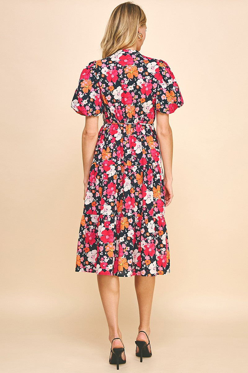 Freda Floral Bubble Sleeve Midi Dress