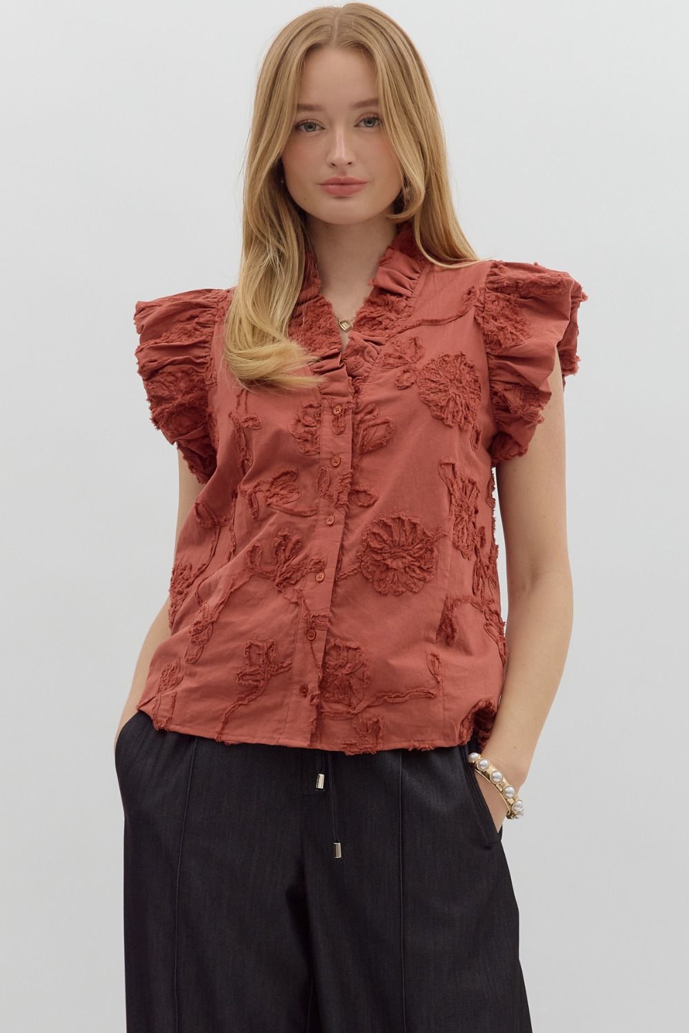 Giselle Applique Ruffle Button Top FINAL SALE