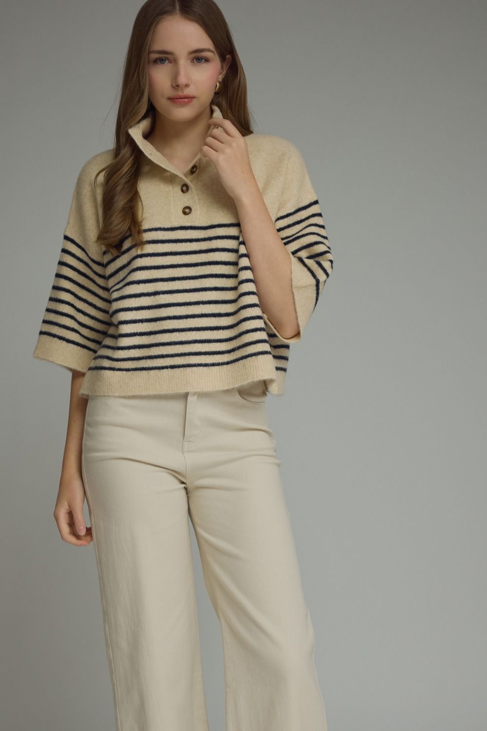 Greer Striped Button Mock Sweater