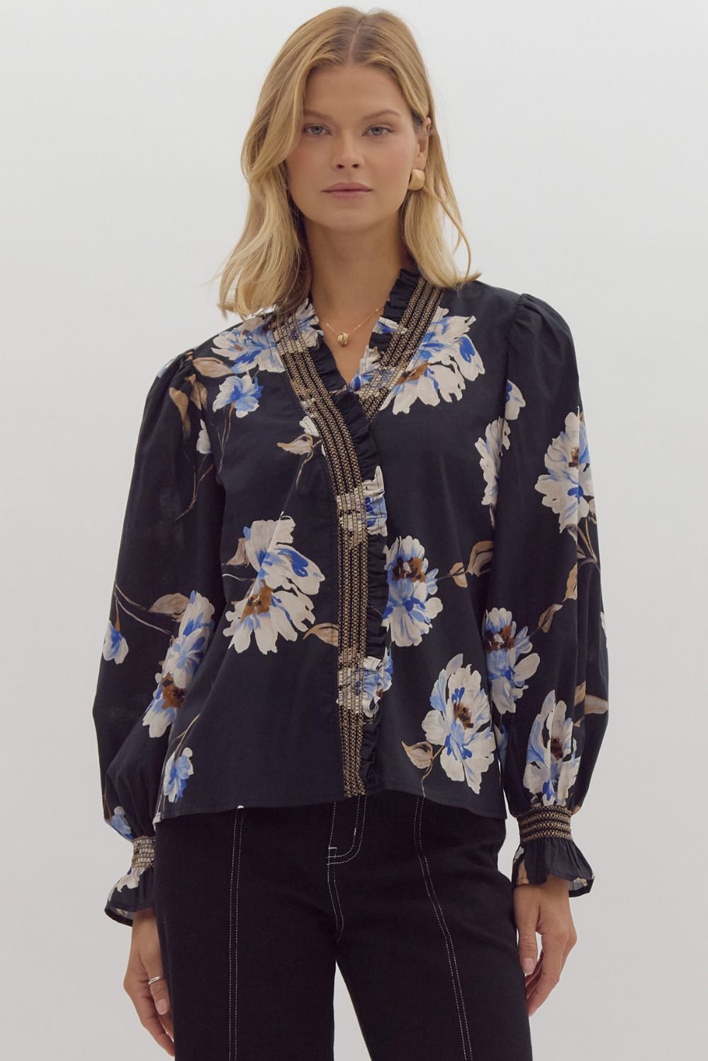 Gwyn Floral Embroidered Smocked Trim Top