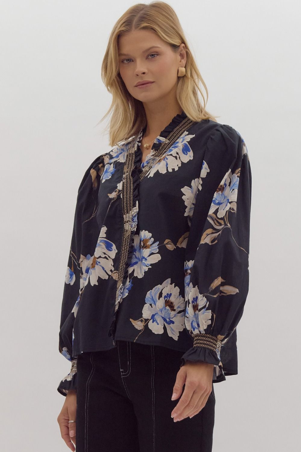 Gwyn Floral Embroidered Smocked Trim Top