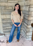 Oatmeal color v neck short sleeve v neck short puff sleeve cardigan 