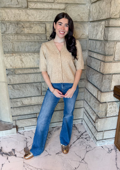 Oatmeal color v neck short sleeve v neck short puff sleeve cardigan 