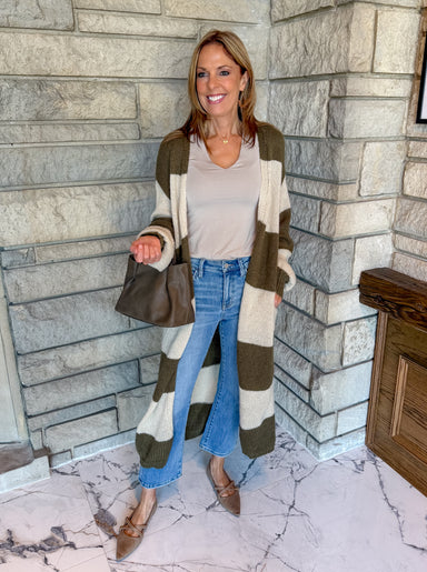 Olive green and natural color wide color block stripe long open duster cardigan with side pockets