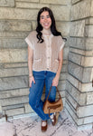 Textured beige vertical stripe sweater vest round neckline large gold buttons front patch pockets boxy fit