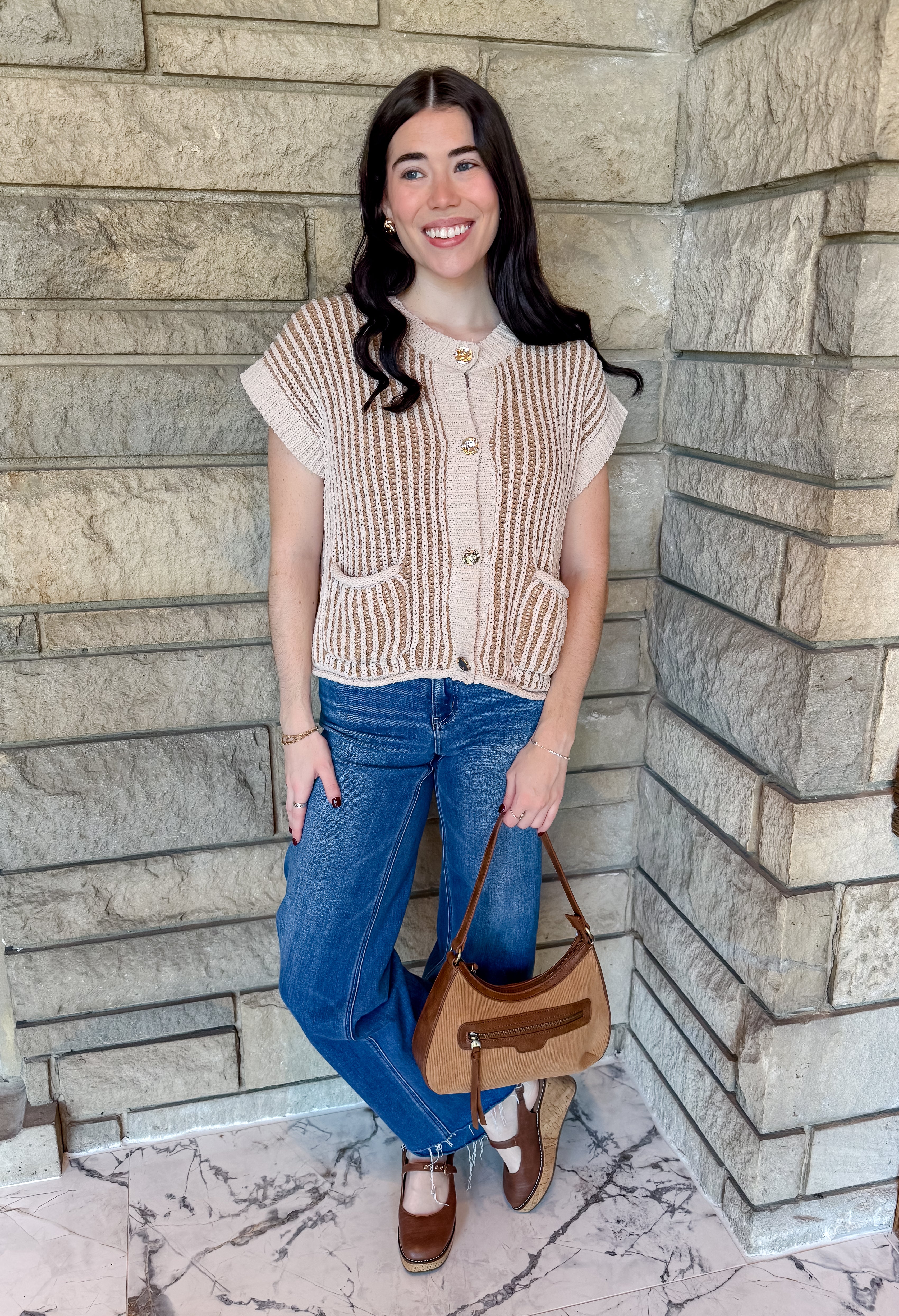 Textured beige vertical stripe sweater vest round neckline large gold buttons front patch pockets boxy fit