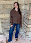 Brown v neck sweater with delicate lace trim at the neckline and hem, long sleeves