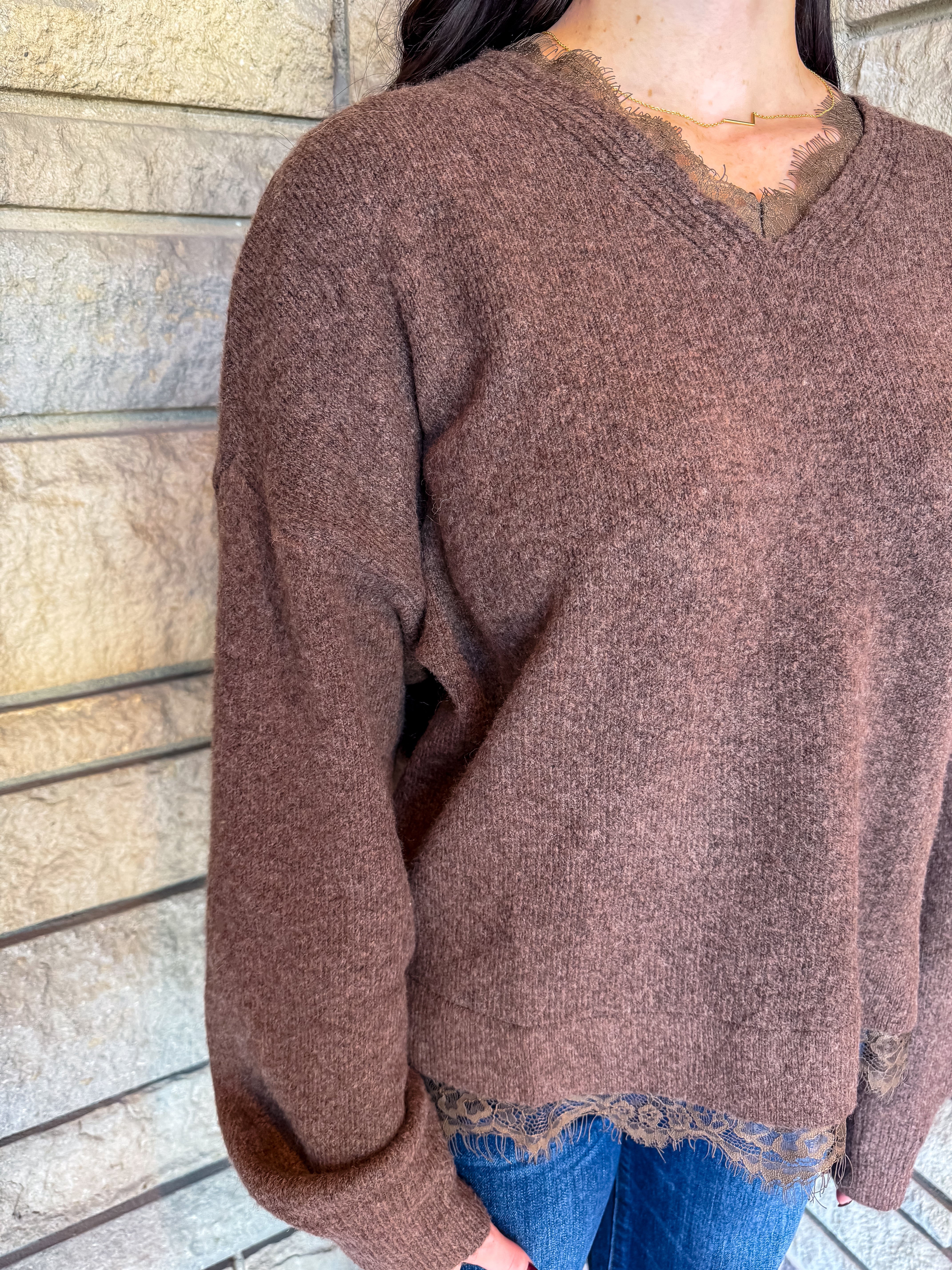 Aliana Lace Trim V-Neck Sweater