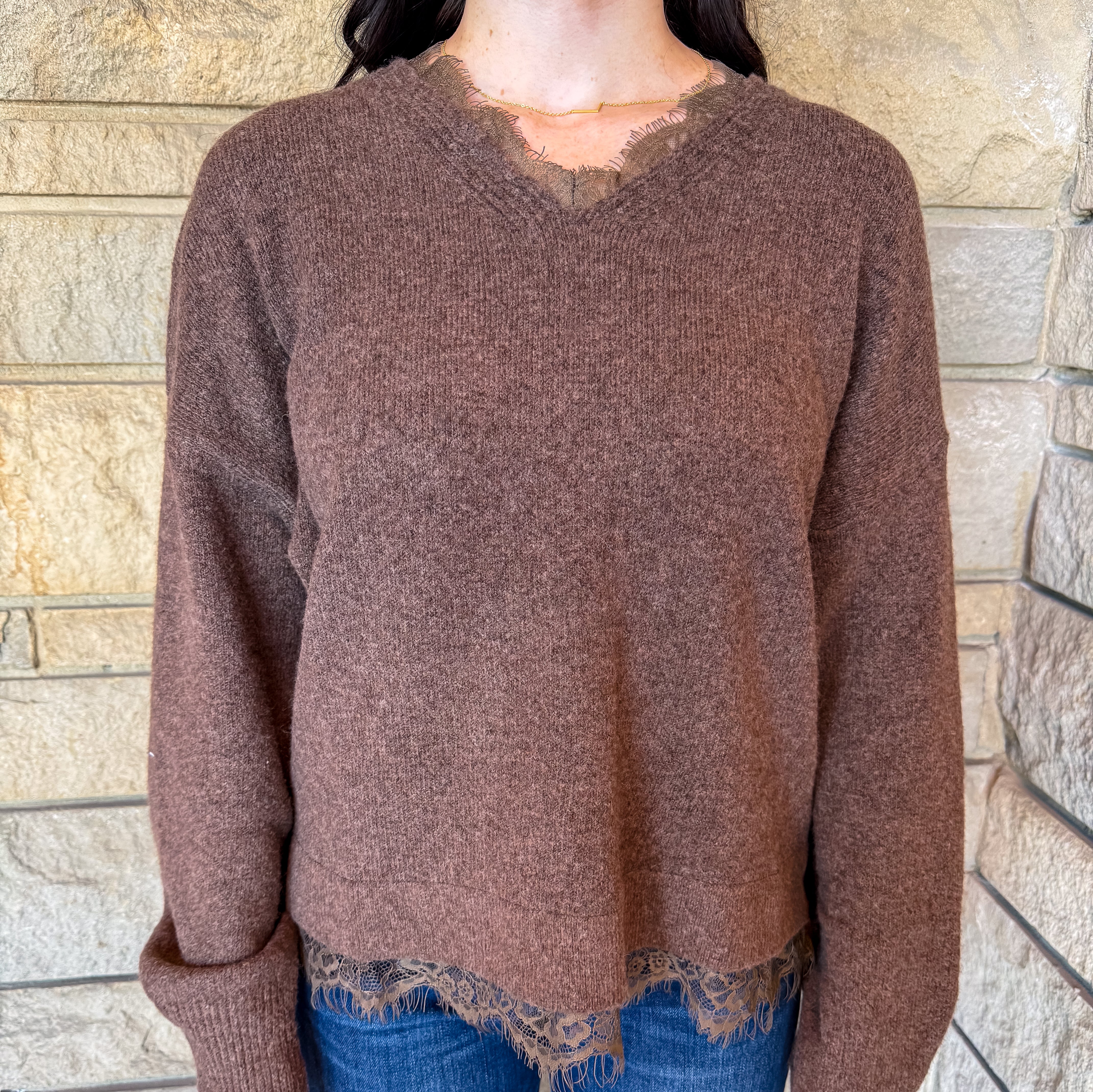 Aliana Lace Trim V-Neck Sweater