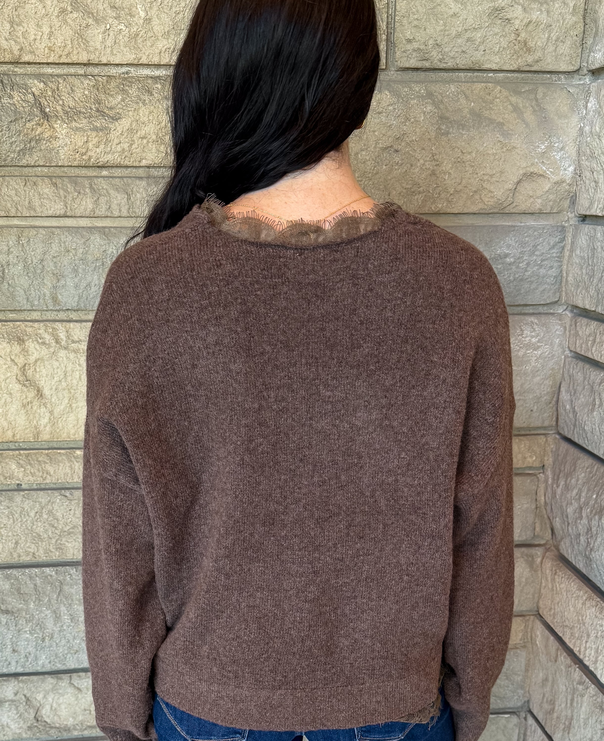 Aliana Lace Trim V-Neck Sweater