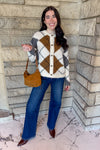 Ivory cardigan button sweater with gray and camel argyle pattern
