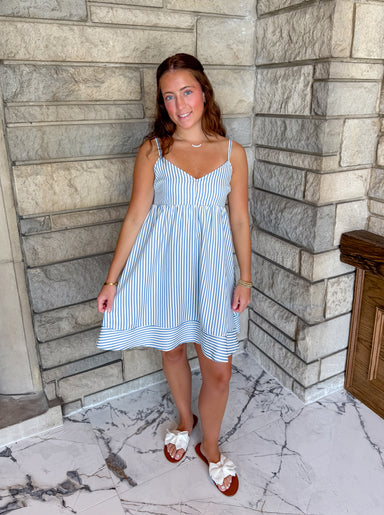 seersucker stripe light blue and white strip dress dress spaghetti straps bow tie back