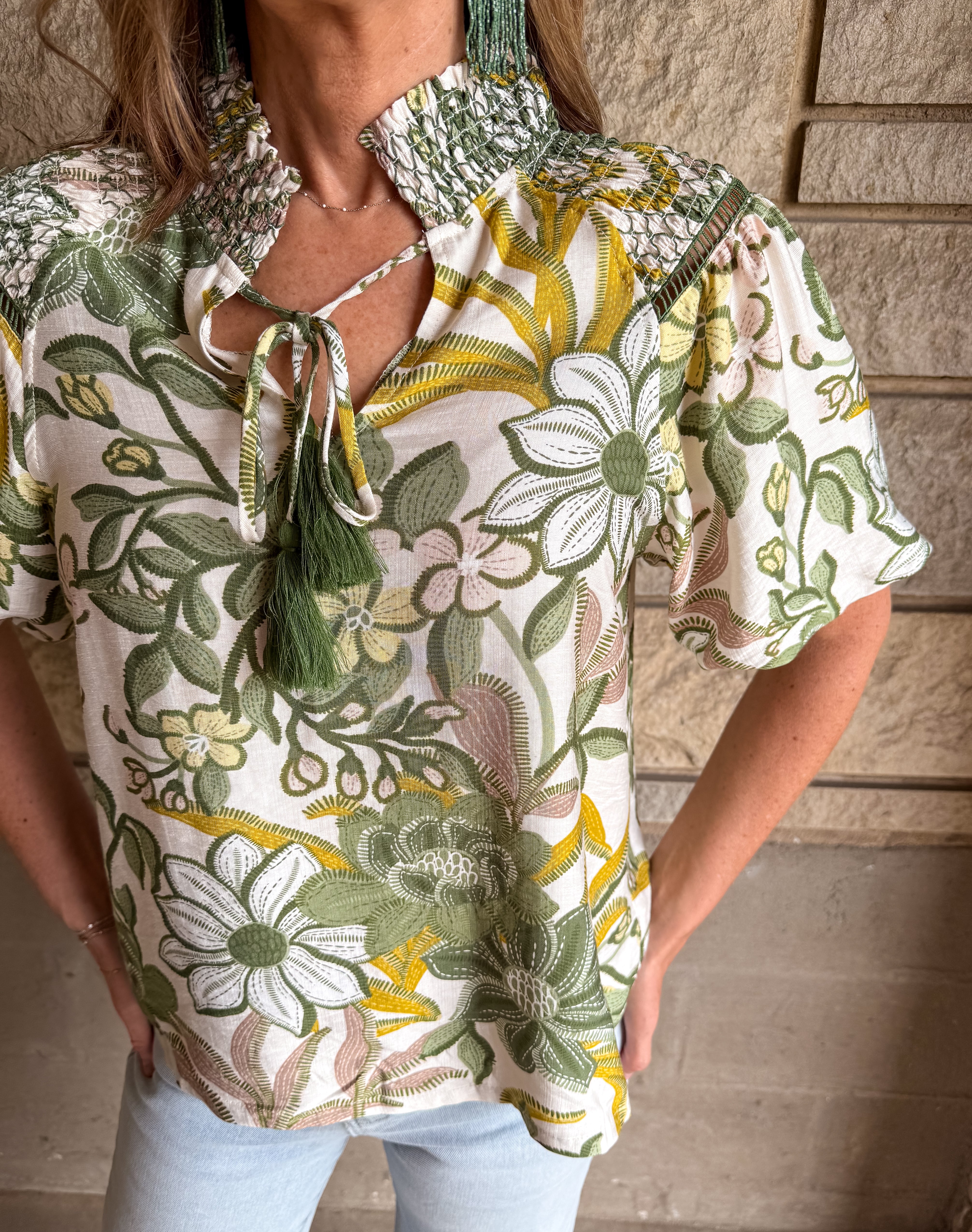 Kamila Floral Smocked Bubble Sleeve Top FINAL SALE