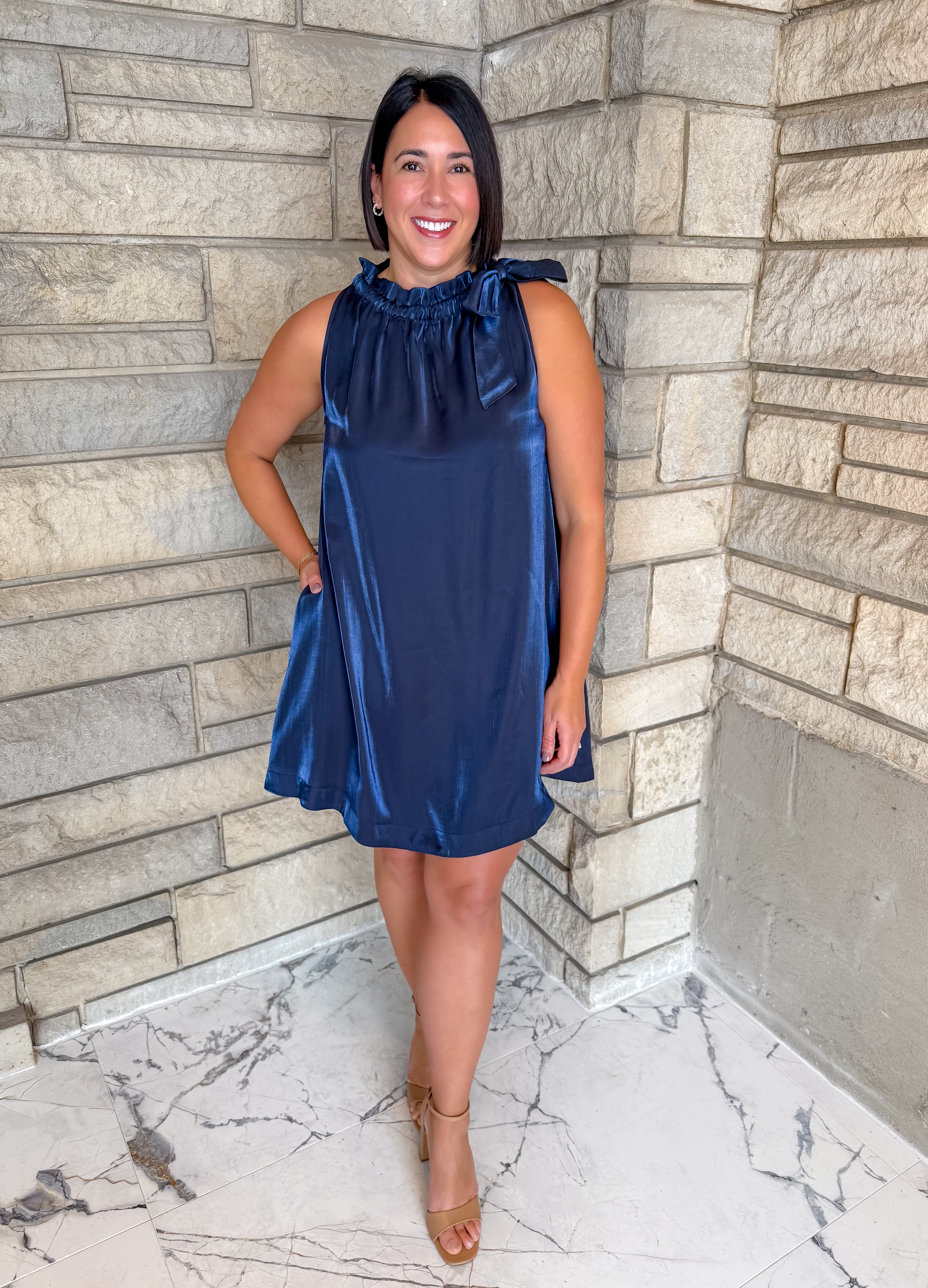 Elaina Ruffle Tie Neck Shimmer Dress