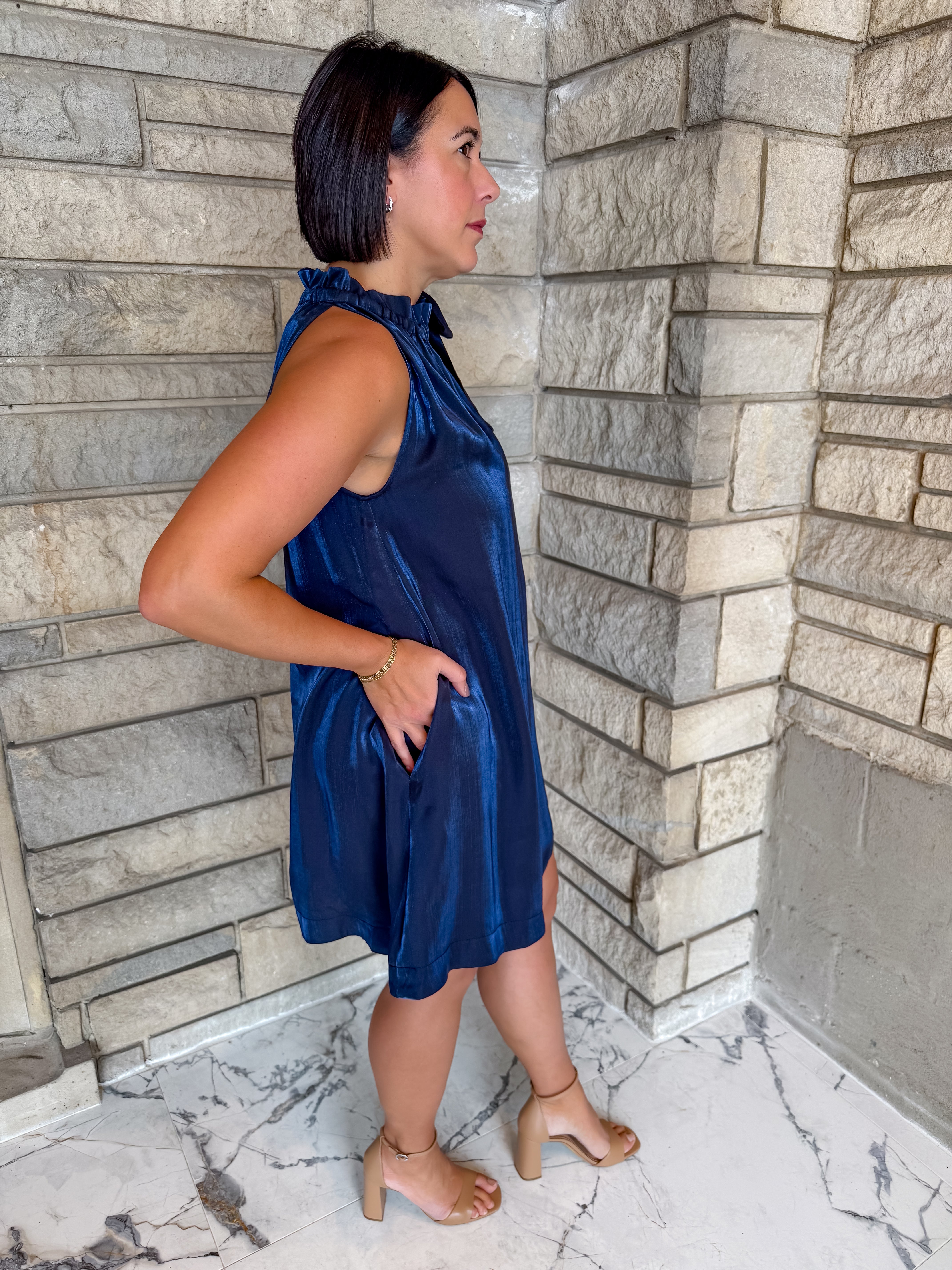 Elaina Ruffle Tie Neck Shimmer Dress