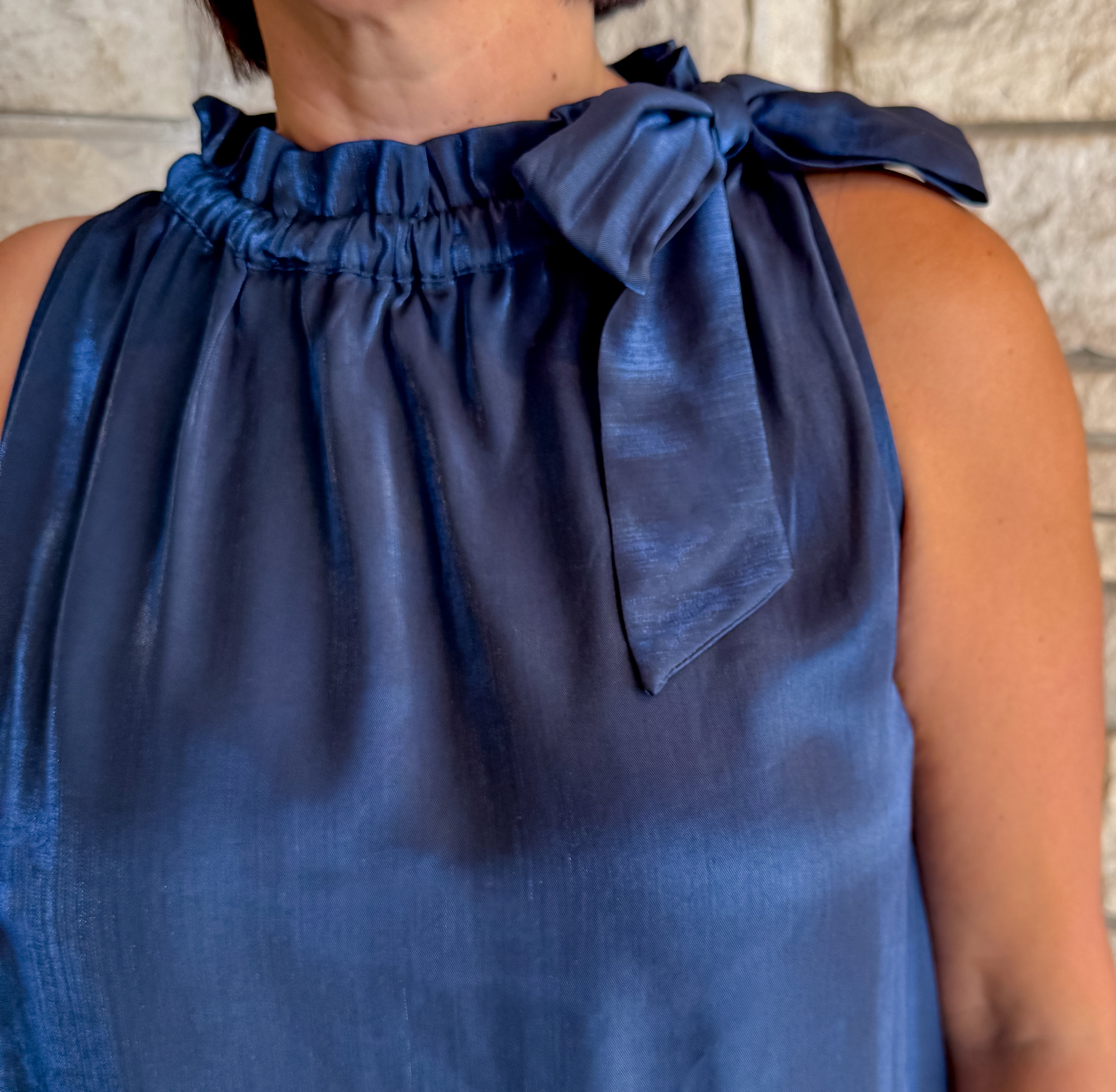 Elaina Ruffle Tie Neck Shimmer Dress