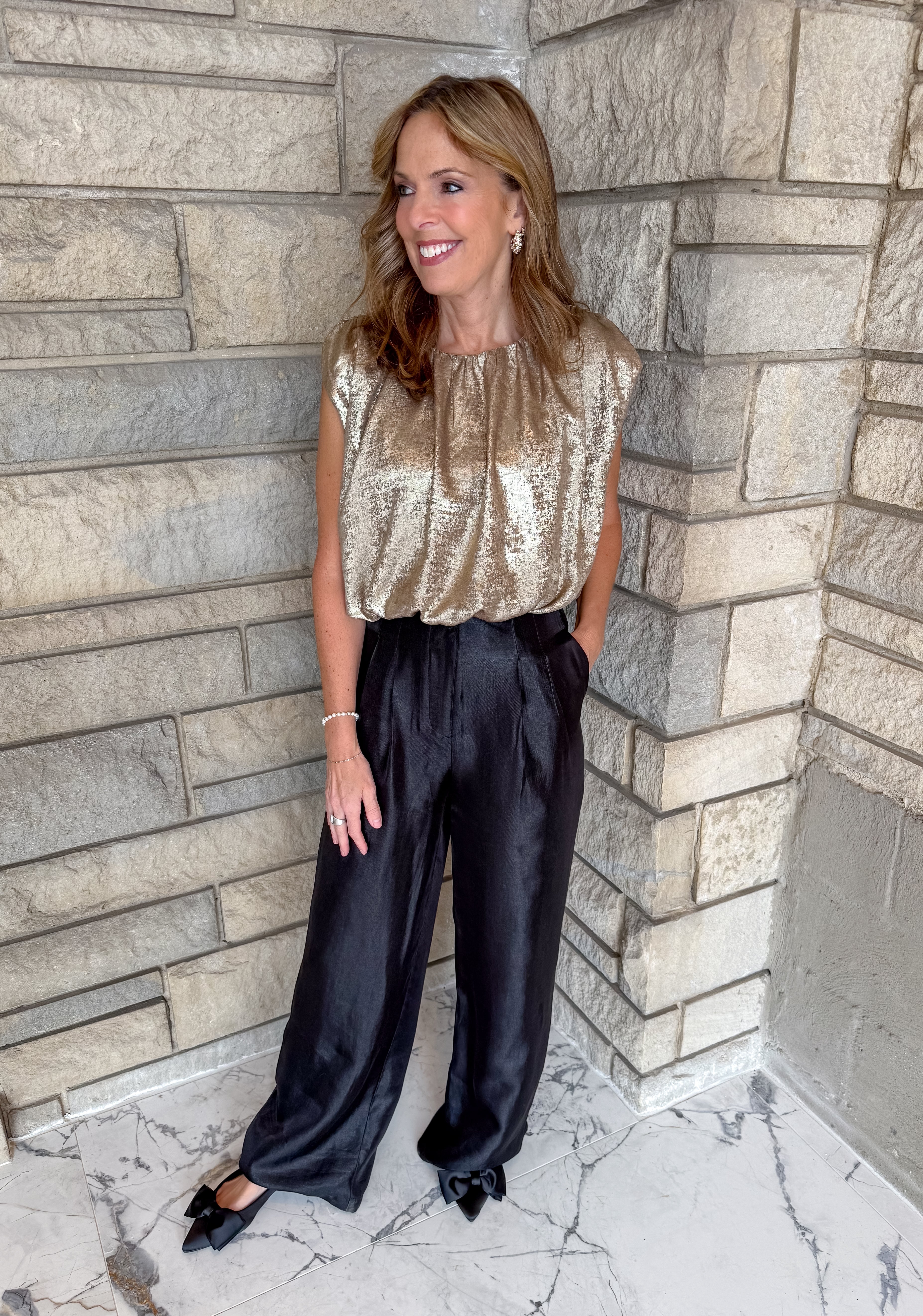 metallic top
shimmery top
bubble top