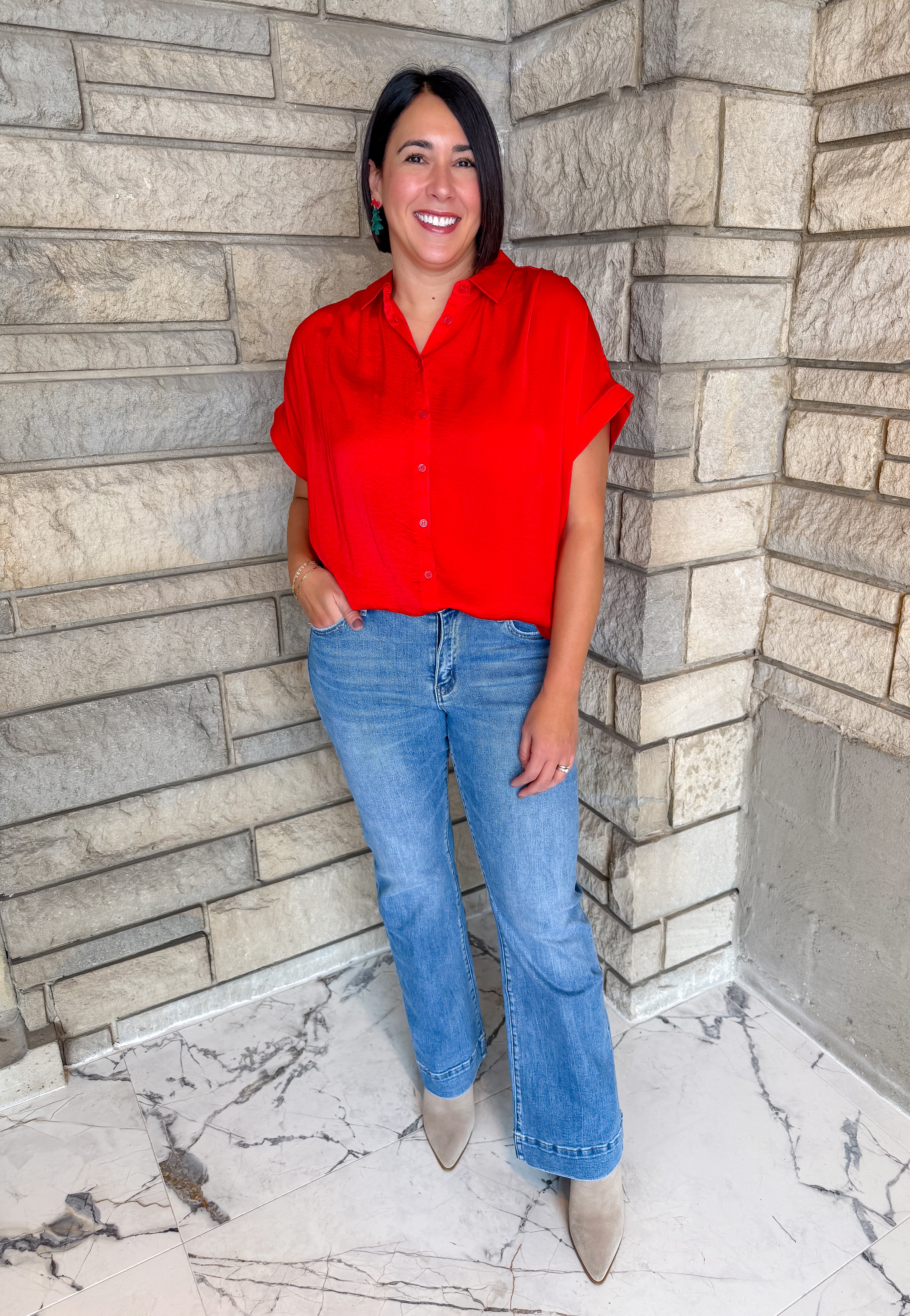 Crosby Silky Button Top- Red