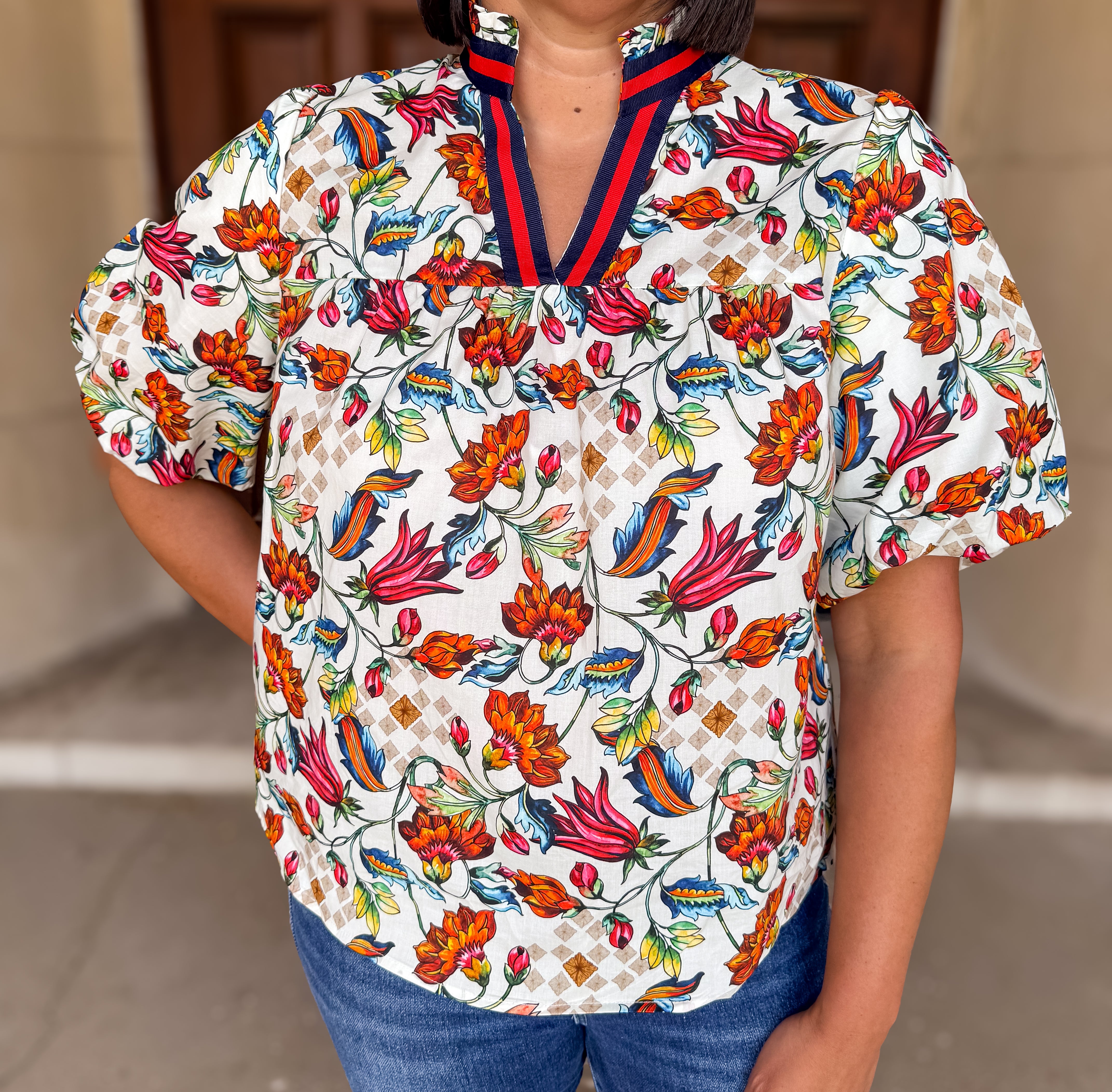 Suri Floral Stripe Trim Bubble Sleeve Top FINAL SALE