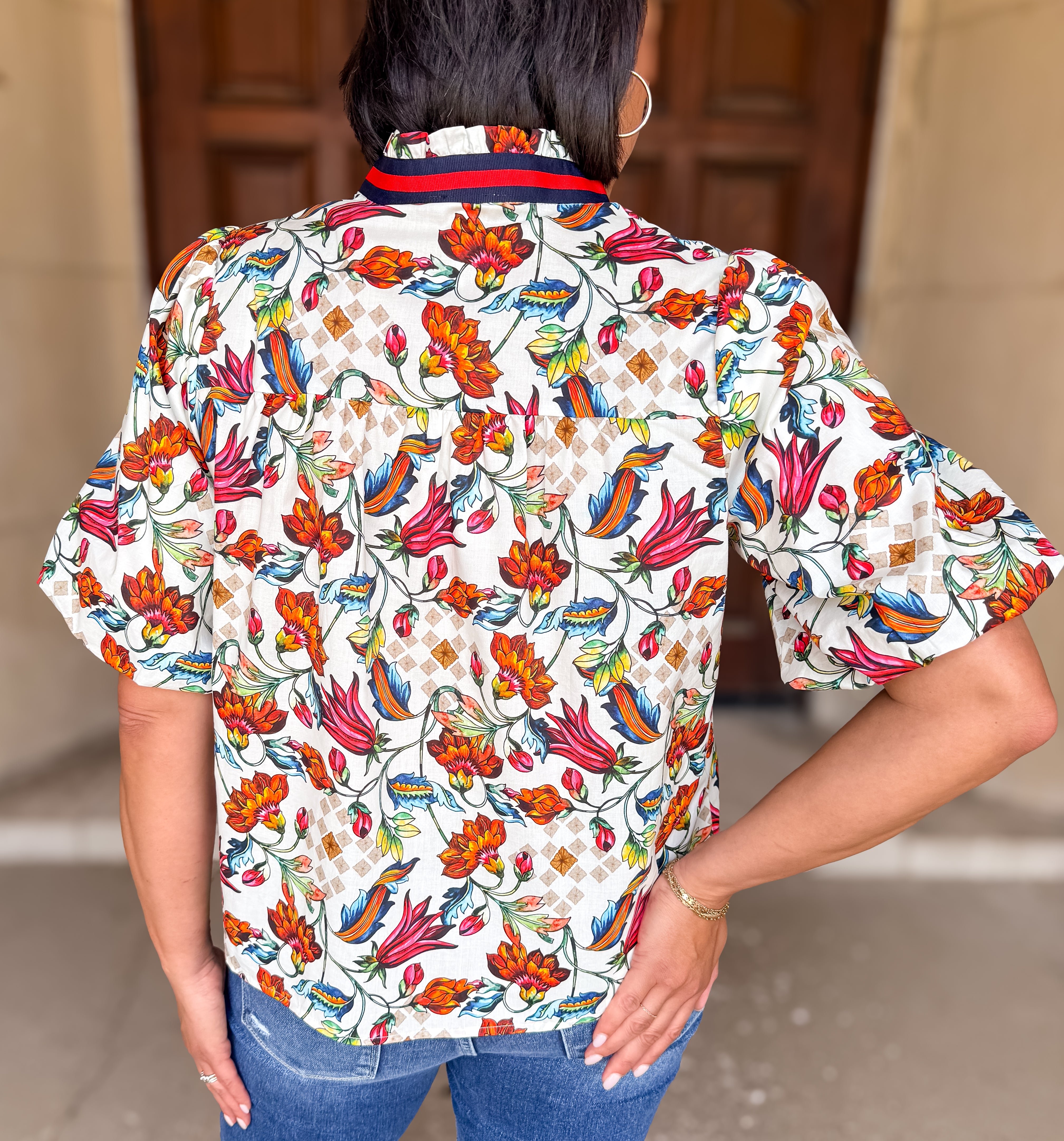 Suri Floral Stripe Trim Bubble Sleeve Top FINAL SALE