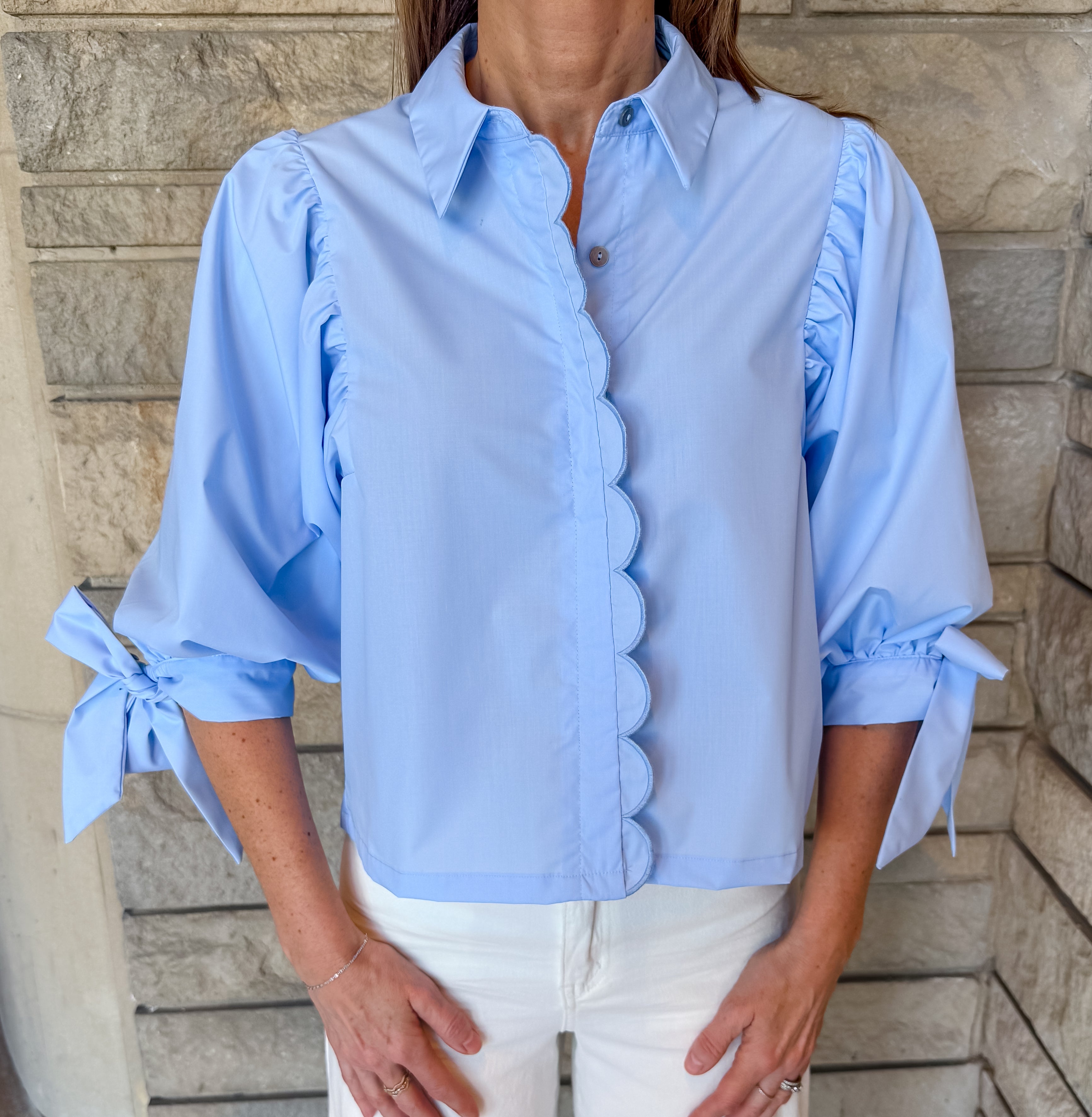 Kira Tie Sleeve Scallop Trim Top