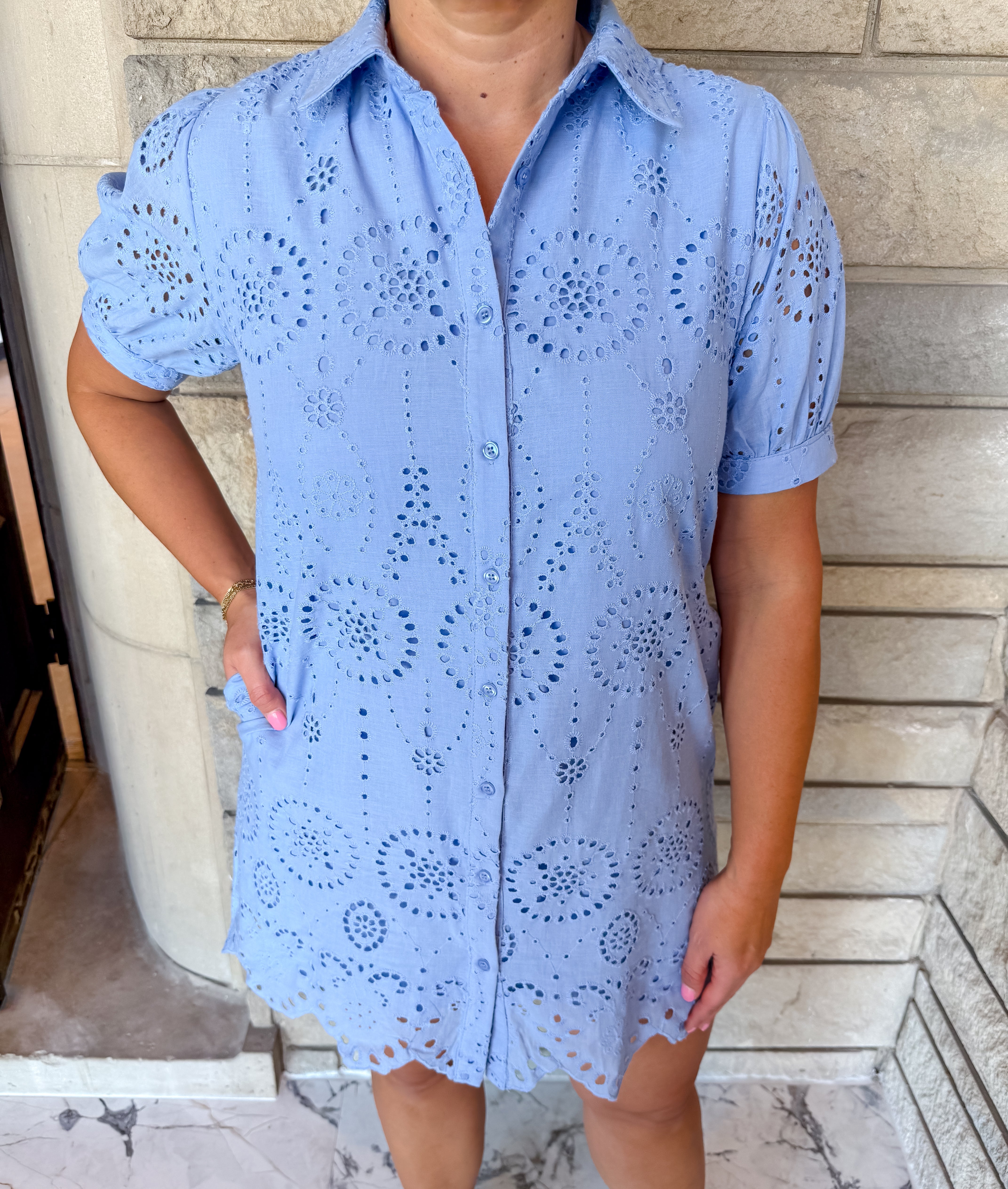 Willa Eyelet Scallop Hem Shirt Dress