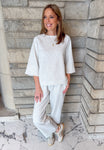 light grey casual set
3/4 sleeve sweatshirt set
wide leg pant casual set