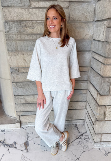 light grey casual set
3/4 sleeve sweatshirt set
wide leg pant casual set